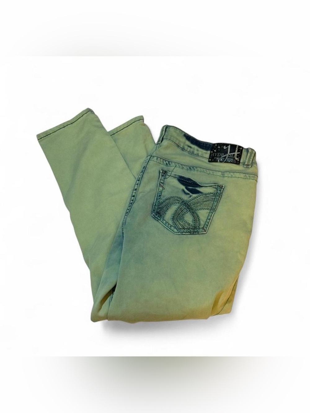 Hydraulic Denim Pale Acid Green Denim Jeans with Studded Logo Patch